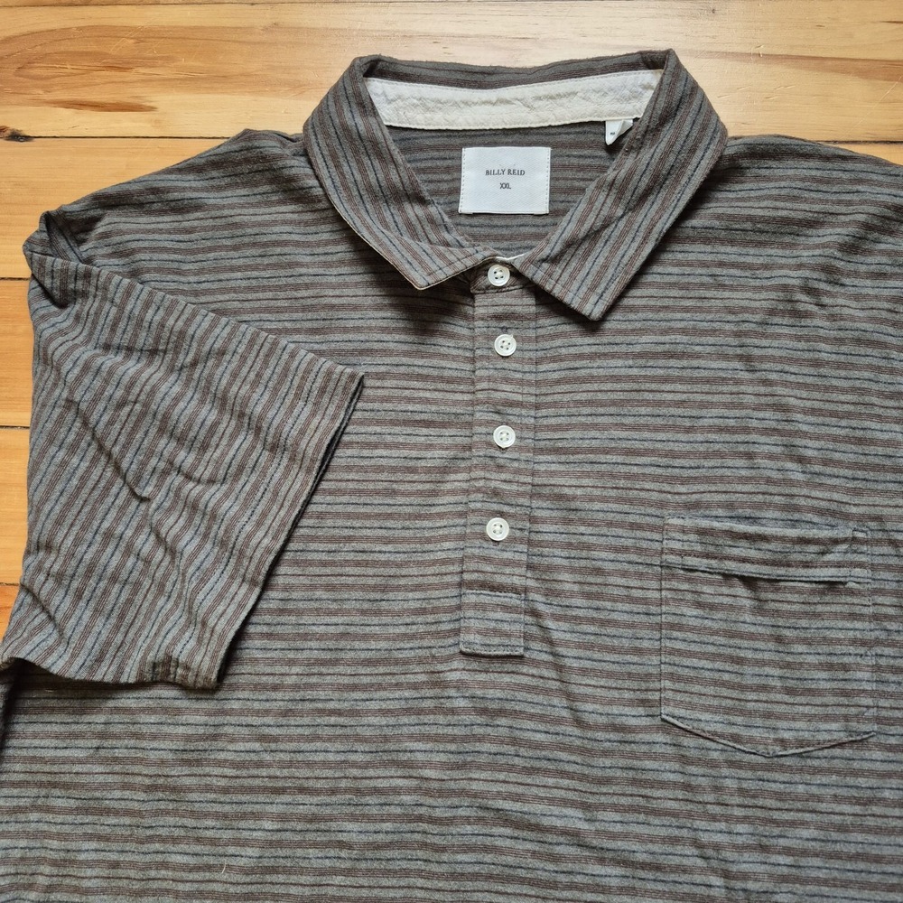 Billy Reid Polo Shirt Mens 2XL Slim Gray Brown Stripe Pocket Preppy School Golf
